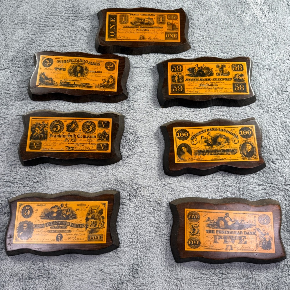 Vintage Replica Obsolete Bank Note Wood Wall Plaques Set of 7 Currency Decor EX